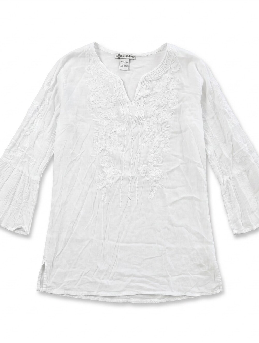 Cute Options White Rayon Embroidered Boho Tunic Blouse Top L Bell Sleeve Peasant
